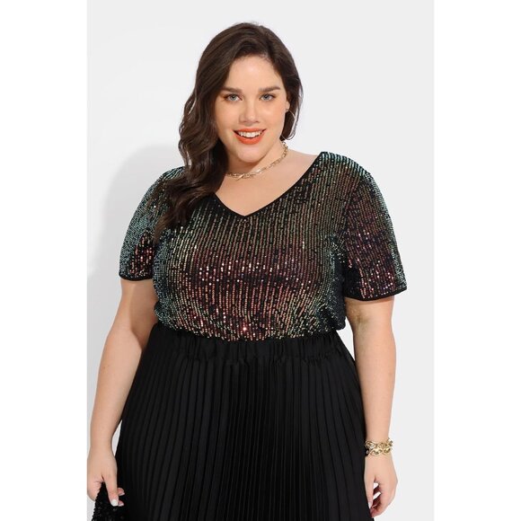 Plus Size Sequin Top Women Short Sleeve Party Blouse Sparkle V Neck - Picture 3 of 7